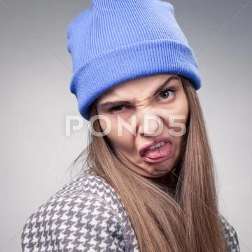The girl feels itself as the ugly creature because of a herpes on lips Stock Photos