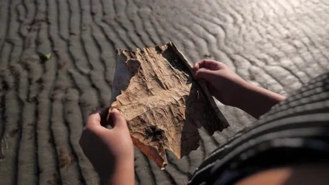 Girl finding old map beach treasure quest cinematic sun Stock-Footage 156002644