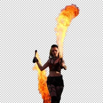 Girl firebreather / fire dance troupe performer on transparent background Stock Photos