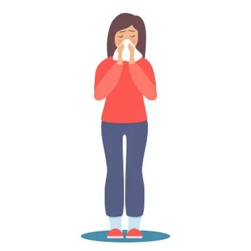 Girl with flu vector illustration. Flat female character sick of seasonal flu Stock Illustration