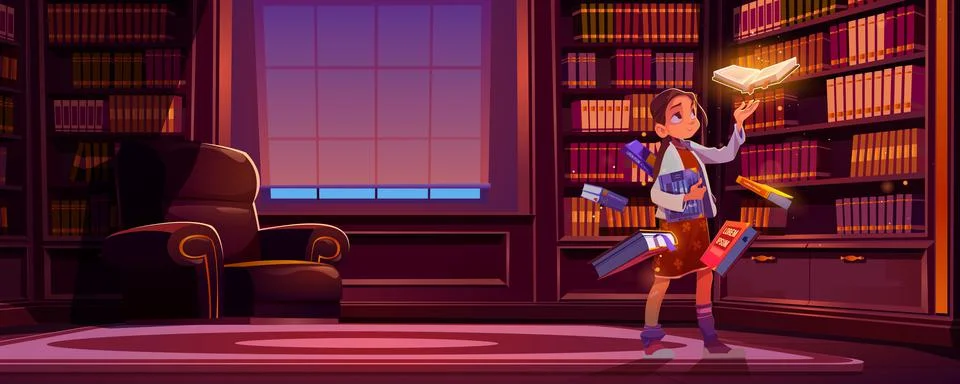 Girl with flying books with magic glow in library Stock Illustration