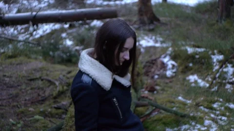 Girl in the forest, fallen tree Stock Footage 123148177