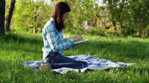 Girl On Forest With The Tablet Stock Footage 39382670