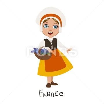 Girl In France Country National Clothes, Wearing Bonnet And Apron Traditional Stock Illustration