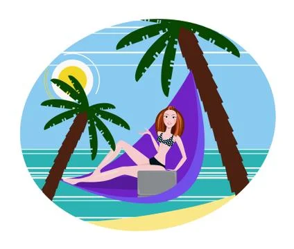 Girl freelancer working on the beach Stock Illustration