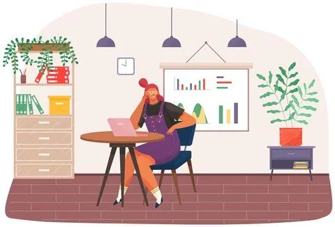 Girl is freelancing, working on computer at workplace. Woman uses laptop, works Illustrazione stock
