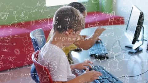 Girl front, boy back starting class, typing on keys, learning while formulas Stock Footage 332504632