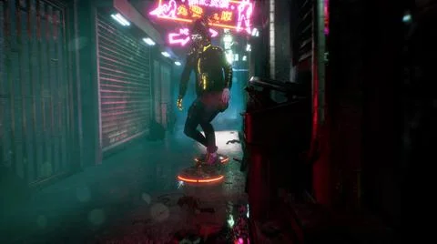The girl of the future glides on her hoverboard down the street of the cyber Ilustración de archivo