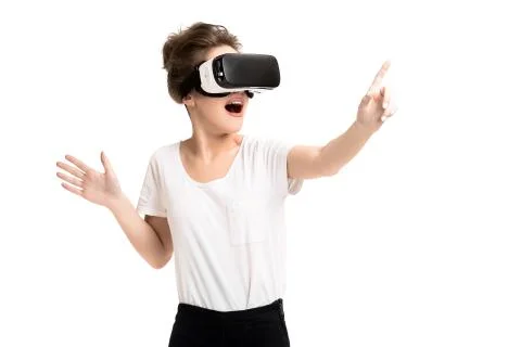 Girl getting experience using VR glasses of virtual reality Stock Photos
