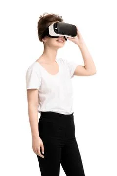 Girl getting experience using VR glasses of virtual reality Stock Photos
