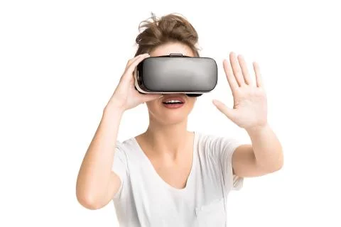 Girl getting experience using VR glasses of virtual reality 写真素材
