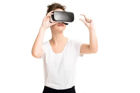 Girl getting experience using VR glasses of virtual reality Stock-Fotos
