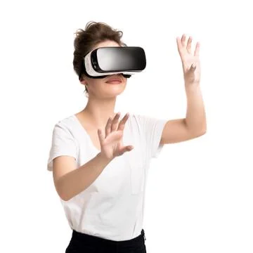 Girl getting experience using VR glasses of virtual reality Stock-Fotos