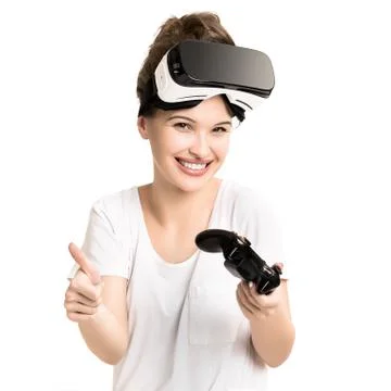 Girl getting experience using VR glasses of virtual reality Stock Photos