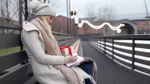 Girl with a gift writes in the diary a list of gifts sitting in a park 스톡 동영상 83146861