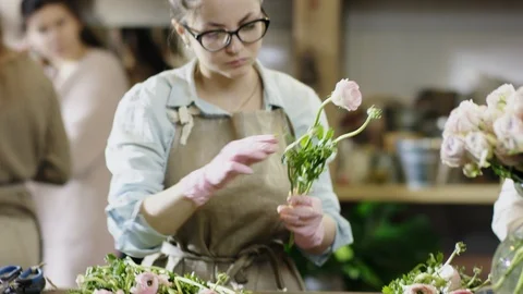 Girl in glasses, gets rid of extra leaves on the stem of flowers, close-up plan Stock Footage 101531394