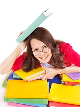 Girl in glasses with stack book . 스톡 사진