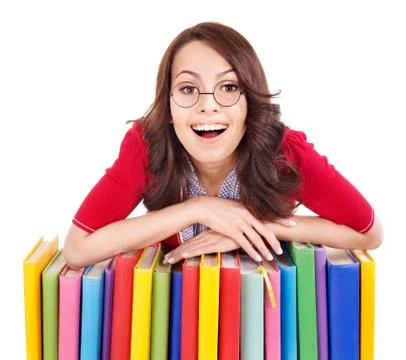 Girl in glasses with stack book . Stockfoto's