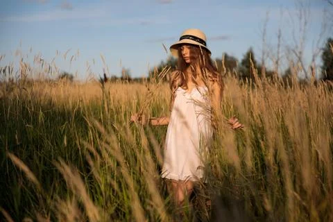 Girl in a golden wheat field Stock Photos