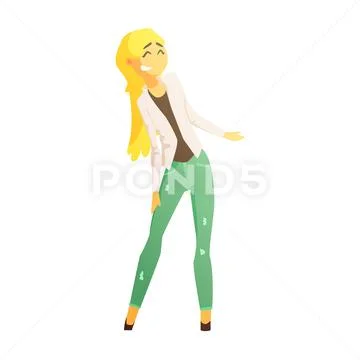 Girl In Green Skinny Jeans, Black Top And White Jacket, Young Person Street Stock Illustration