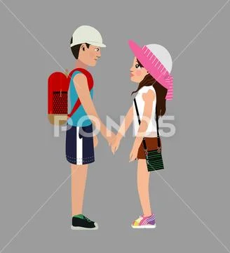 Girl with a guy.The girl in a white transparent blouse, in yellow sneakers wi Stock Illustration