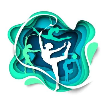 Girl gymnast silhouettes dancing with ball, hoop, ribbon, vector illustration in Stock Illustration