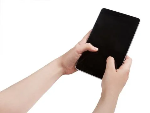 Girl hands with tablet computer. Isolated on white background Stock Photos