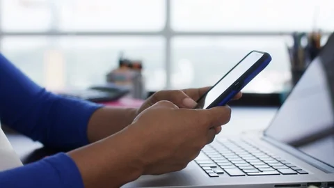 Girl Hands Typing Message With Cell Phone In Office Stock Footage 89817958
