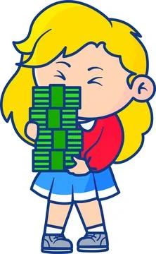 Girl Happily Holding a Massive Stack of Dollar Bills Illustration