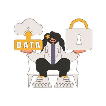 Girl has secure cloud storage with padlock. Stock Illustration