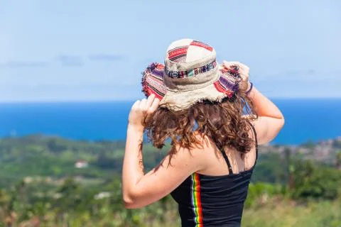 Girl Hat Rear Looking Ocean Countryside Stock Photos