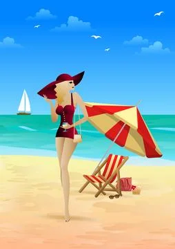 A girl in a hat stands on the beach. Stock Illustration