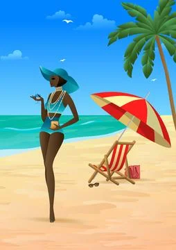 A girl in a hat stands on the beach. Stock Illustration