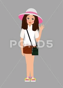 Girl in a hat waving Stock Illustration