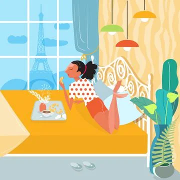 The girl is having breakfast in bed 库存插图