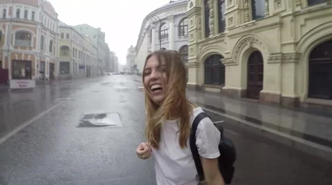 Girl Having Fun In The Rain Stock Footage 67012525