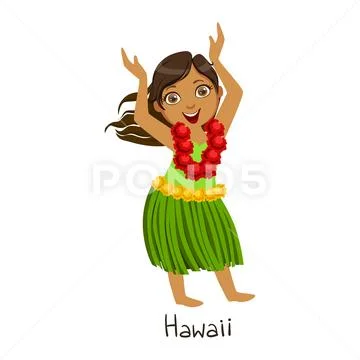 Girl In Hawaii Country National Clothes, Wearing Leaf Skirt And Neck Flower Stock Illustration