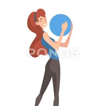 Girl Holding Blue Ball, Young Woman Organizing Circular Abstract Geometric Shape Stock Illustration