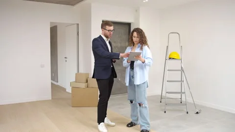 Girl Holding Digital Tablet with Augmented Reality Interior Design Software Video stock 251739662