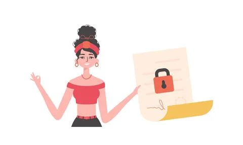 The girl is holding a document. Data protection. Smart contract. Modern sty.. Illustrazione stock