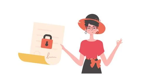 The girl is holding a document. Data protection. Smart contract. Trend styl.. Stock Illustration