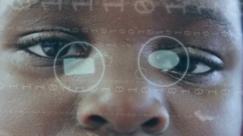 Girl holding gaze, binary activating phone search icons over face, cycling and Stock Footage 333803147