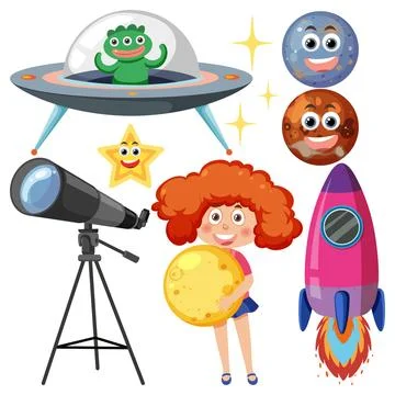 Girl Holding Moon with Space Elements and Cartoon Alien 库存插图