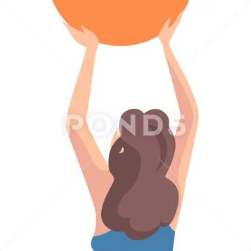 Girl Holding Orange Ball, Back View, Young Woman Organizing Circular Abstract Stock Illustration