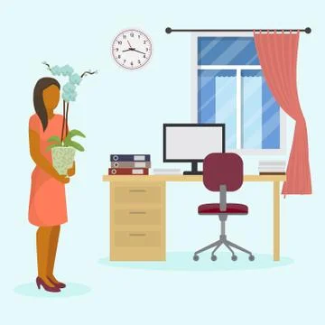 Girl holding pot with flower at new job office workplace vector illustration. Stock Illustration