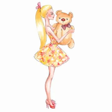 Girl holding a teddy bear, isolated on white Stock Illustration