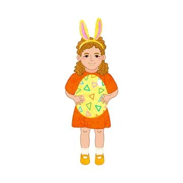 Girl Holds a Big Easter Egg Colorful Illustration Stock Illustration