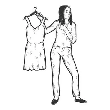 Girl holds dress on tremple. Waiting in line at fitting room. Sketch scratch Stock Illustration