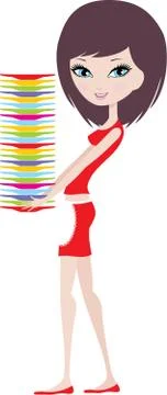 Girl holds a pile of plates Stock Illustration