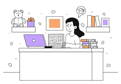 Girl with homework vector linear Stock Illustration